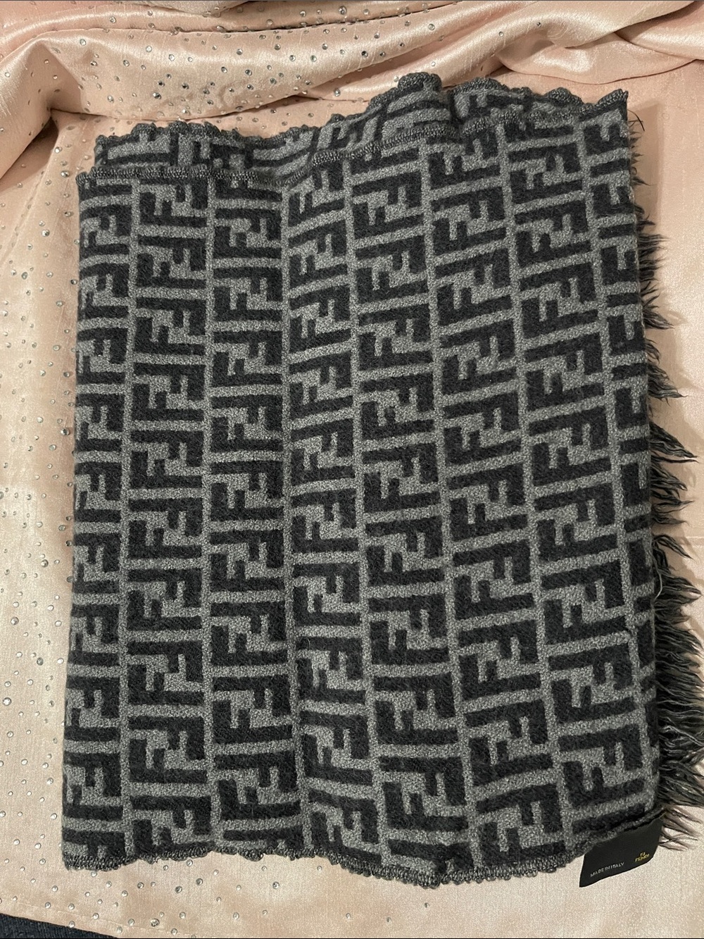 Fendi Gray and Black Logo Wool Scarf